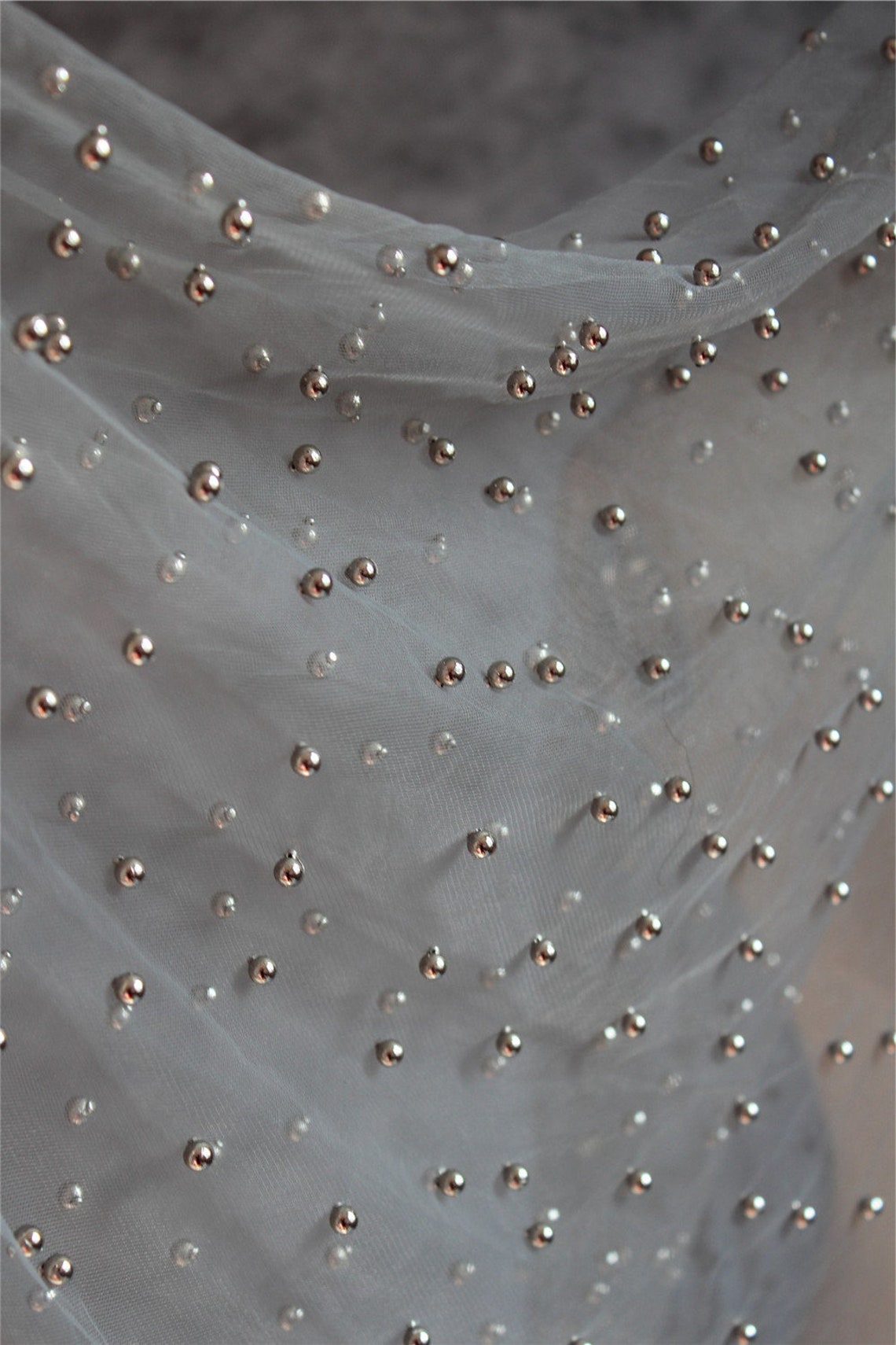 Grey tulle fabric with silver beads Etsy