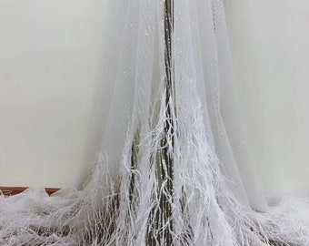 white Sequined tulle lace fabric with Ostrich Feather, 3d lace fabric with Ostrich Feather fringe, 2019 new arrival