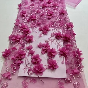 Fuschia bead fabric with 3d flowers, sequined lace fabric with 3d florals for dress and prom dress