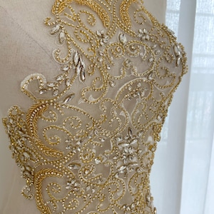 Gold Rhinestone applique boidce, heavy bead handmade rhinestone applique