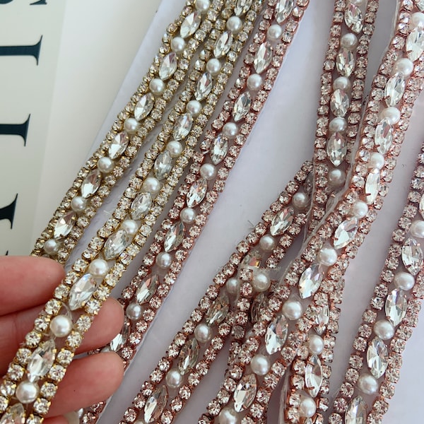 rose gold rhinestone belt, Deluxe rhinestone sash belt, crystal pearl bead trim by the yard for dress strips