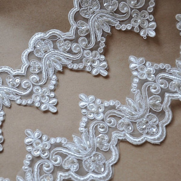 ivory Lace Trim, beaded bridal lace trim, corded lace,sequined lace trim, scalloped lace trim, pearl bead lace trim, embroidered floral lace