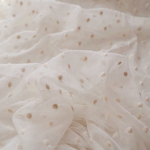 Beige lace fabric with polka dots, embroidery tulle lace fabric with polka dots