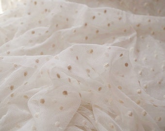 Beige lace fabric with polka dots, embroidery tulle lace fabric with polka dots