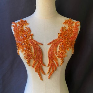 Orange Rhinestone applique, heavy bead crafted rhinestone applique for bridal, for couture, dance costume