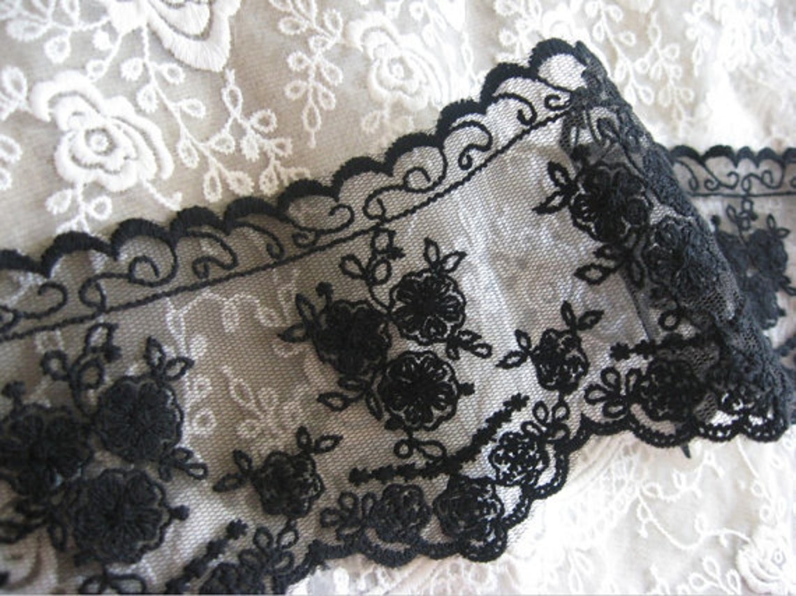Black Lace Trim Embroidered Lace Trim Tulle Trim Lace Black Etsy