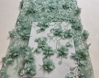 Sage green bead fabric with 3d flowers, sequined lace fabric with 3d florals for dress and prom dress