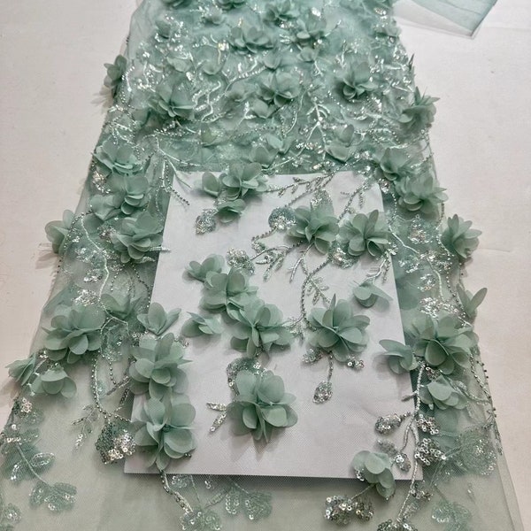 Sage green bead fabric with 3d flowers, sequined lace fabric with 3d florals for dress and prom dress