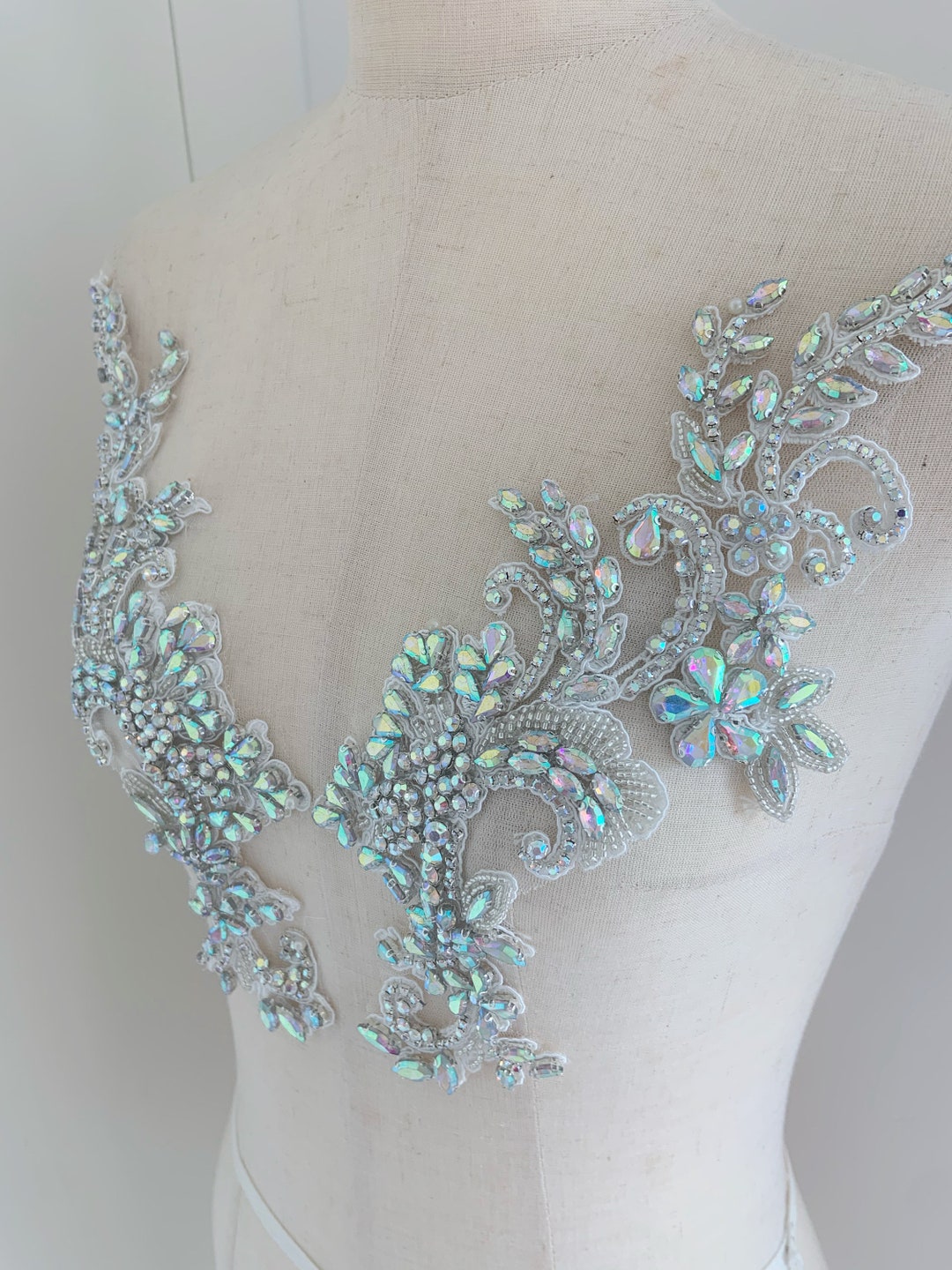 Iridescent Rhinestone 1 Pair Iridescent Rhinestone Applique for Bridal Dress, Dance Costume ...