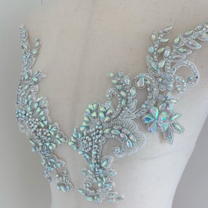 1 pair Iridescent rhinestone applique for bridal dress, dance costume, couture
