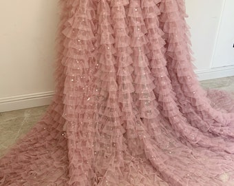 Mauve pink Sequined ruffle fabric for cake dress, costume dress, comes in green, beige and mauve pink