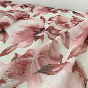 4-wege Stretch Power Netzstoff mit bedruckten rosa Rosen und roten Rosen, Stretch Tüll stoff, elastischer Tüllstoff, super glatt, gut drapiert