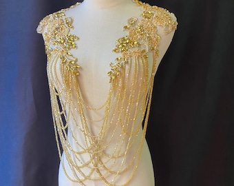 Gold rhinestone applique with chains for costume, body jewelry with fringe, necklace for couture, body dress with epaulets