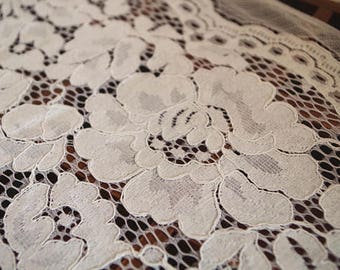 ivory cord lace fabric with florals, bridal lace fabric, alencon lace fabric, cord lace fabric with peonies, by the yard