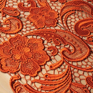 Tissu dentelle orange, dentelle de venise, tissu dentelle guipure, tissu dentelle floral rétro