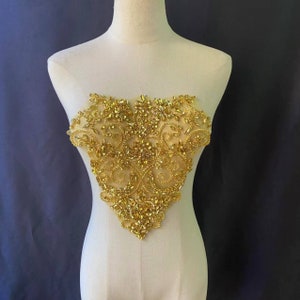 Gold Rhinestone bead applique boidce, heavy bead handmade rhinestone applique