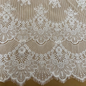 Off white chantilly lace fabric, bridal lace fabric with scallops