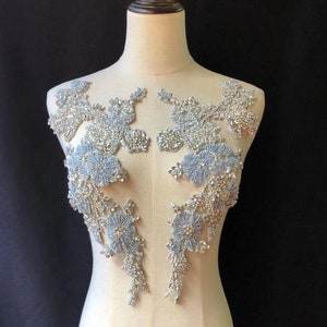 Pale blue Rhinestone applique, heavy bead crafted rhinestone applique for bridal, for couture, dance costume image 1