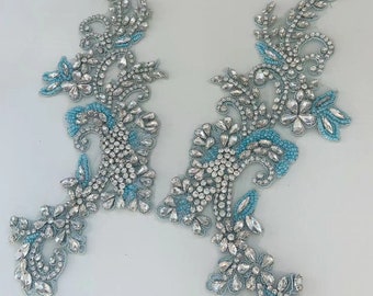 light vivid blue  rhinestone applique for bridal dress, dance costume, couture