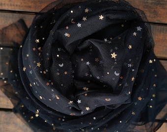 Black tulle fabric with stars and moon glitters, starry night tulle fabric for dress, skirt , prop , back drop