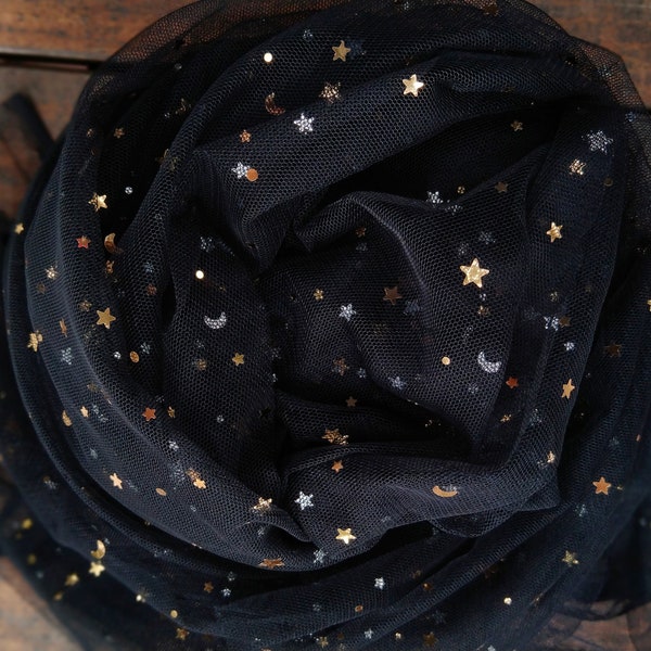 Tissu tulle noir avec étoiles et paillettes de lune, tissu de tulle de nuit étoilé pour robe, jupe, accessoire, fond de teint