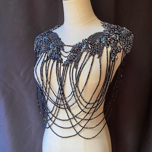 Black rhinestone cape with chains for costume, body jewelry with fringe, shoulder necklace for couture and dance costume