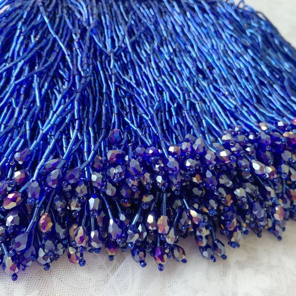 garniture de franges de franges de perles bleues pour costume de danse, garniture de robe haute couture, franges de perles