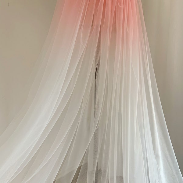 Dip dye style tulle fabric with Ombré colors, peach pink and white mesh lace fabric, well drape tulle lace fabric