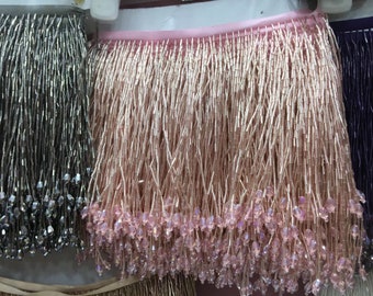 light pink heavy bead fringe tassel trim for dance costume, haute couture dress trimming, beading fringe