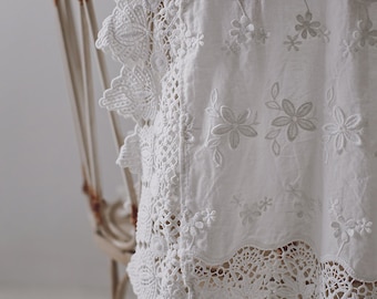 cotton eyelet lace fabric with flowers and strips