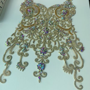 Sparkle gold iridescent Rhinestone applique boidce, heavy bead handmade rhinestone appliqués for couture dress costume