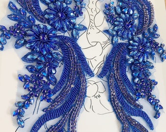 Blue Rhinestone applique, heavy bead crafted rhinestone applique for bridal, for couture, dance costume