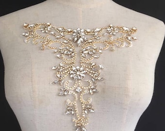 gold rhinestone neckline applique, crystal V neckline collar bodice