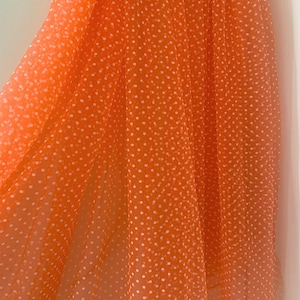 Orange tulle Lace fabric with velvet  polka  dot