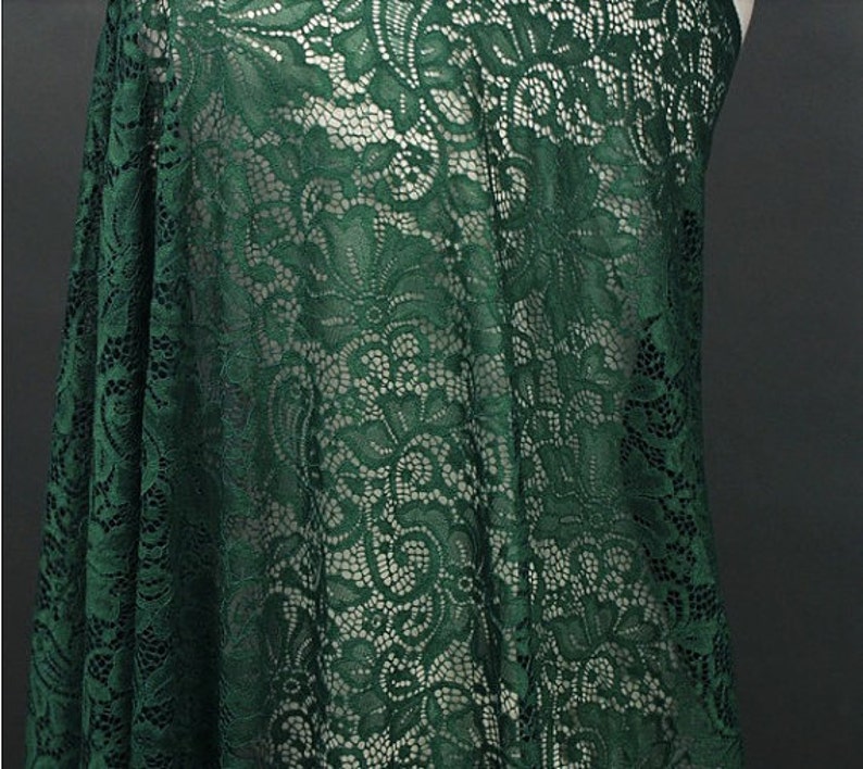 emerald lace fabric, alencon lace fabric, embroidered lace fabric, green stretch lace fabric, costume lace fabric image 1