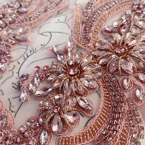 Light pink Rhinestone applique, heavy bead crafted rhinestone applique for bridal, for couture, dance costume