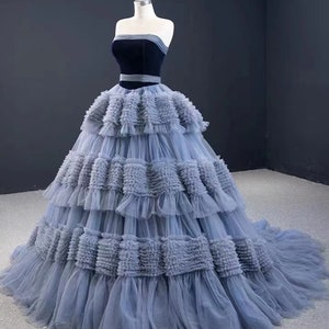 Dust blue tulle ruffles fabric for cake dress, prom dress