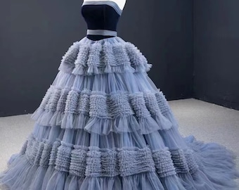 Dust blue tulle ruffles fabric for cake dress, prom dress