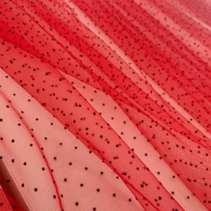Red swiss tulle fabric with mini velvet polka dots, flocking polka dots tulle fabric, 10 colors