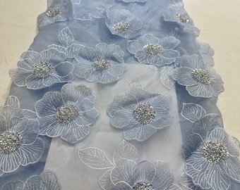 light blue organza fabric with 3D flowers, bead 3D florals fabric, haute couture lace fabric