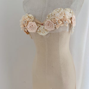 handmade 3d flowers applique, pearl beaded bodice with chiffon flowers, corsage applique for couture