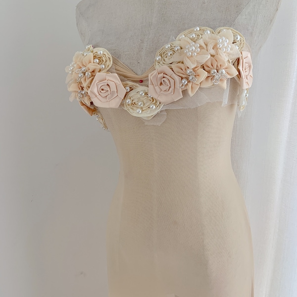 handmade 3d flowers applique, pearl beaded bodice with chiffon flowers, corsage applique for couture