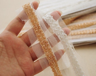 gold bead sash trim with rhinestones, bridal sash bead trimming on sale hot selling,off white bead belt trim