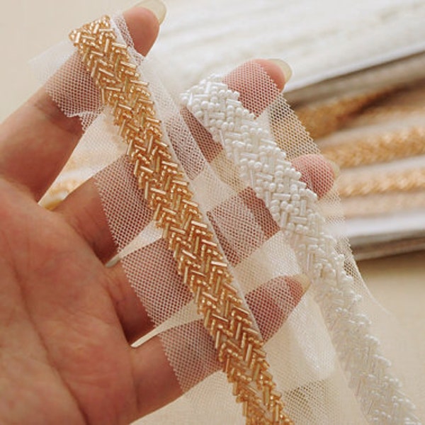 gold bead sash trim with rhinestones, bridal sash bead trimming on sale hot selling,off white bead belt trim