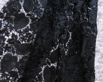 Black Lace Fabric, Crocheted Lace Fabric, Guipure Lace Fabric, Lace Fabric  With Floral and Leaves 