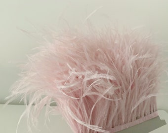 Soft pink Ostrich Feather Trimming Fringe with Satin Ribbon Tape, 50+ colors