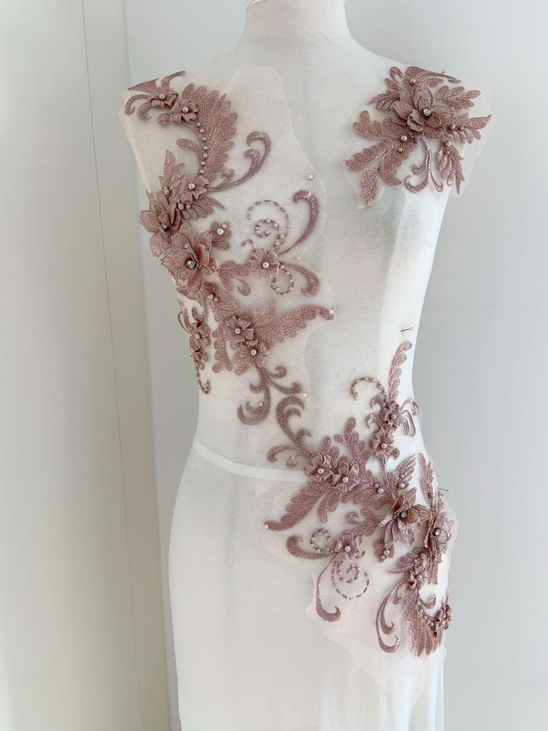 Dusty Rose Rhinestone Dusty Mauve Flowers Applique,3d Floral Embroidery Applique, Bead ...
