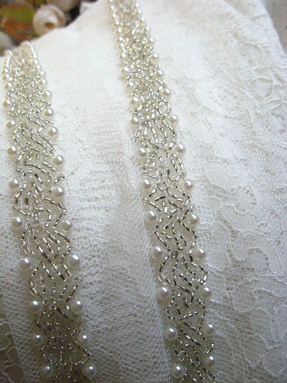 Bugle Bead Trim Pearl Beaded Trim Heavy Bead Trim Bridal Etsy