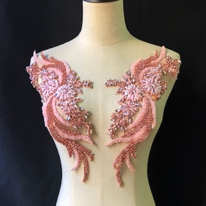Pink Rhinestone applique, heavy bead crafted rhinestone applique for bridal, for couture, dance costume