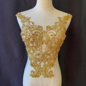 Large gold Rhinestone applique boidce, heavy bead handmade rhinestone appliqués for couture dress costume